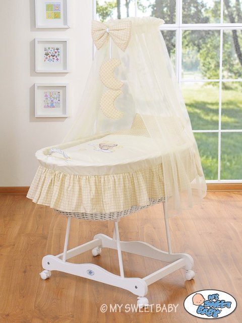 Wiklinowy kosz Mojżesza z baldachimem Dobranoc - biały + kremowa pościel