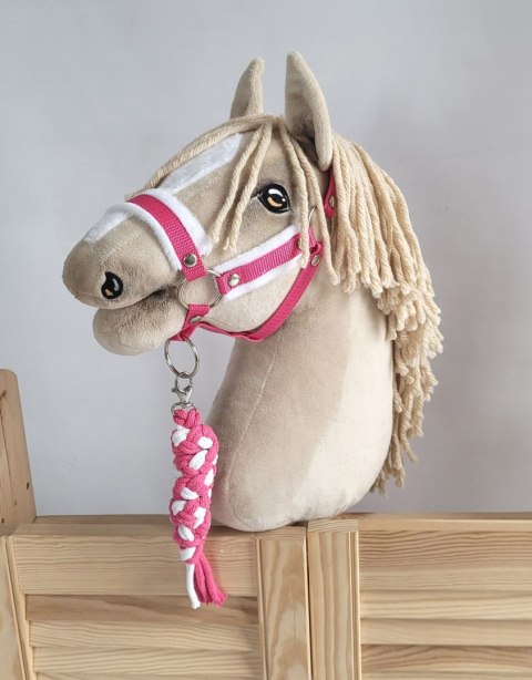 Uwiąz dla konia Hobby Horse pleciony ze sznurka - biało-ciemnoróżowy