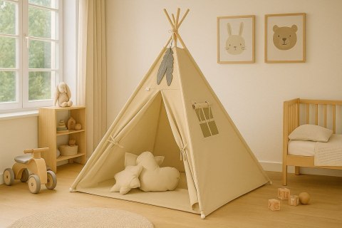 Namiot TIPI dla dzieci + mata + poduszki + zawieszki pióra - beżowy