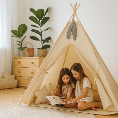 Namiot TIPI dla dzieci + mata + poduszki + zawieszki pióra - beżowy