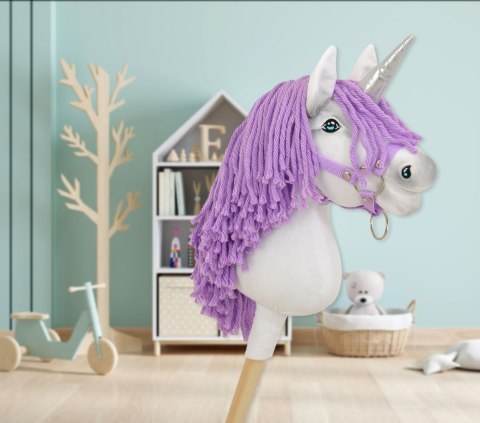 Hobby Horse Jednorożec na kiju biały, grzywa fioletowa i srebrny róg A4