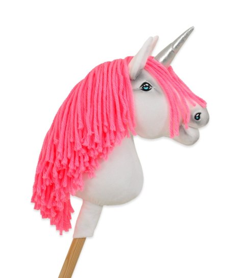 Hobby Horse Jednorożec na kiju biały, grzywa neon róż i srebrny róg A4