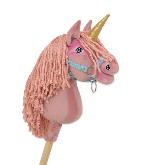 Hobby Horse Jednorożec na kiju brudny róż z różową grzywą i złotym rogiem A4