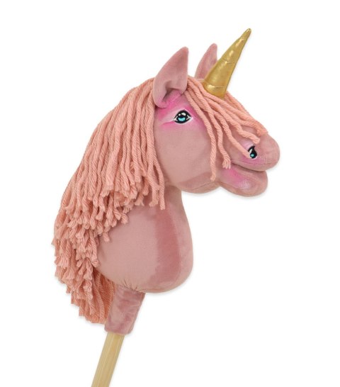 Hobby Horse Jednorożec na kiju brudny róż z różową grzywą i złotym rogiem A4