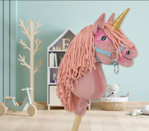 Hobby Horse Jednorożec na kiju brudny róż z różową grzywą i złotym rogiem A4