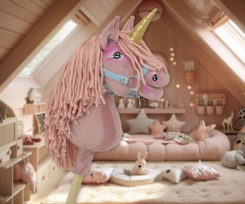 Hobby Horse Jednorożec na kiju brudny róż z różową grzywą i złotym rogiem A4