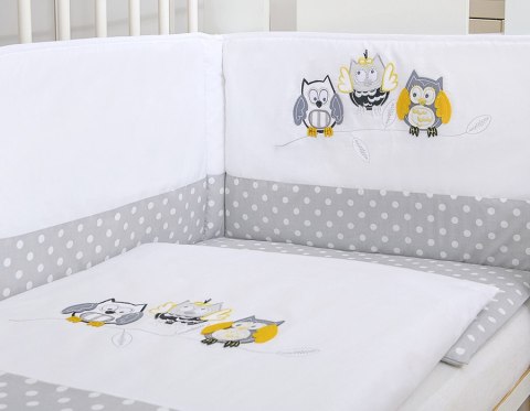Komplet pościeli dla dzieci 120x90cm z ochraniaczem 3-cz Sówki szare z haftem szaro-żółtym