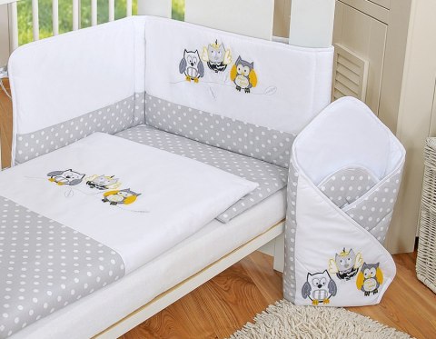 Komplet pościeli dla dzieci 135x100cm z ochraniaczem 3-cz Sówki szare z haftem szaro-żółtym