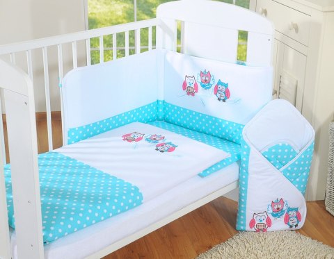 Komplet pościeli dla dzieci 135x100cm z ochraniaczem 3-cz Sówki turkusowe z haftem różowo-turkusowym