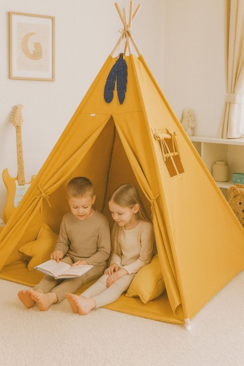 Namiot TIPI dla dzieci +mata + zawieszki pióra - musztardowy