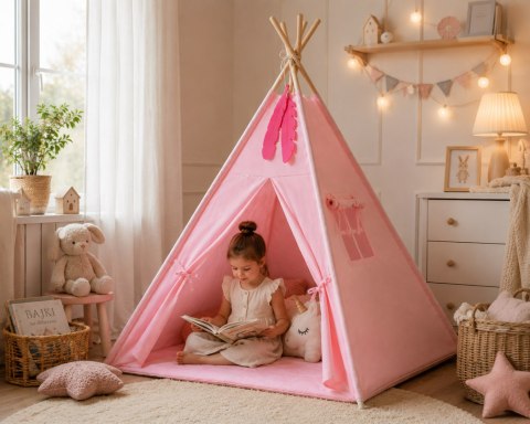 Namiot Tipi dla dzieci + zawieszki pióra - różowy
