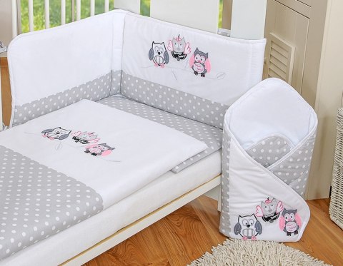 Komplet pościeli dla dzieci 135x100cm z ochraniaczem 3-cz Sówki szare z haftem szaro-różowym