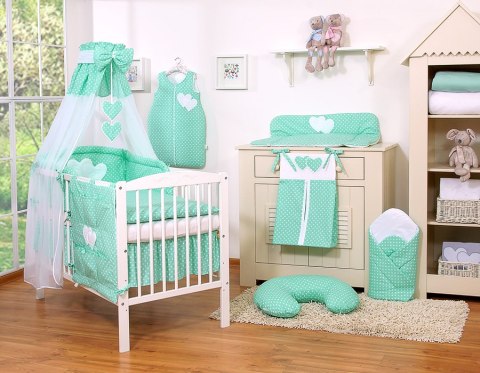 Pościel 5-cz 120x90 - Serduszka białe grochy na mięcie