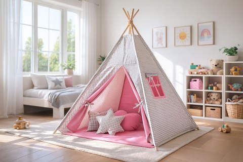 Dwustronna mata do tipi z wypełnieniem - Kratka szara z różem
