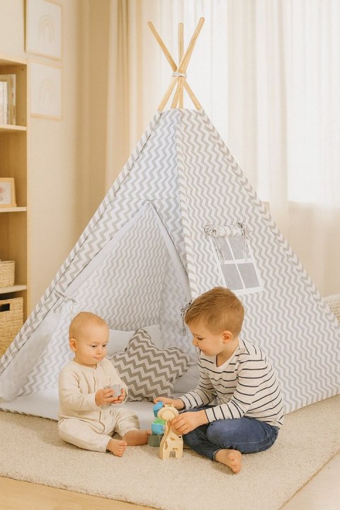 Namiot TIPI dla dzieci + mata + poduszki + zawieszki pióra - Chevron szary