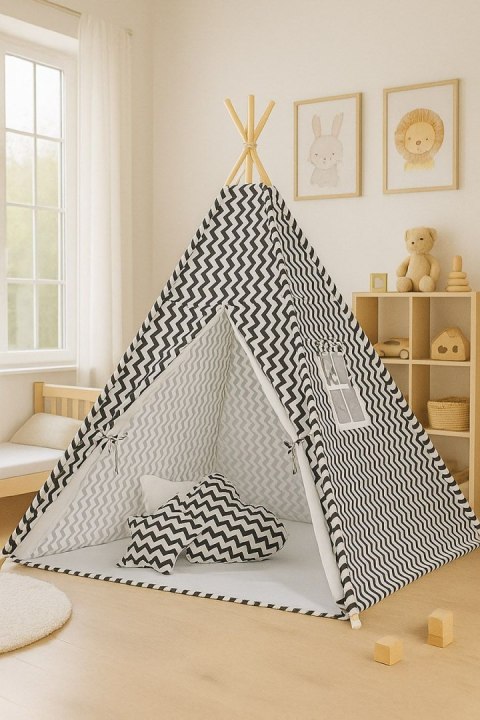 Namiot Tipi dla dzieci+ zawieszki pióra - Chevron czarny