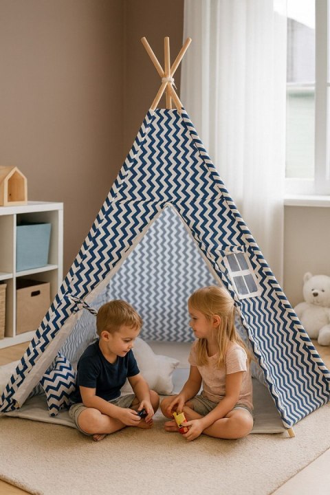 Namiot Tipi dla dzieci+ zawieszki pióra - Chevron granatowy