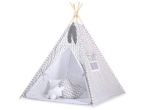 Namiot Tipi dla dzieci + zawieszki pióra - Chevron szary