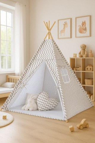Namiot Tipi dla dzieci + zawieszki pióra - Chevron szary