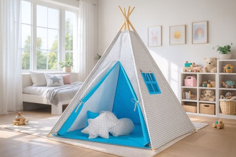 Namiot Tipi dla dzieci+ zawieszki pióra - Kratka szara- turkusowy