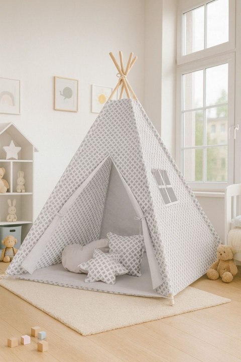 Namiot Tipi dla dzieci + zawieszki pióra - Krzyżyki szare/szary