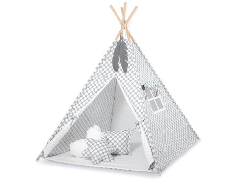Namiot Tipi dla dzieci + zawieszki pióra - Grochy szare