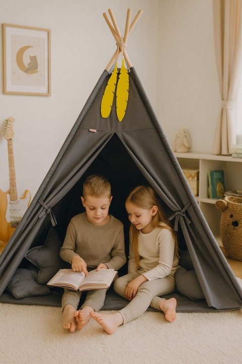 Namiot TIPI dla dzieci + mata + poduszki + zawieszki pióra - antracyt