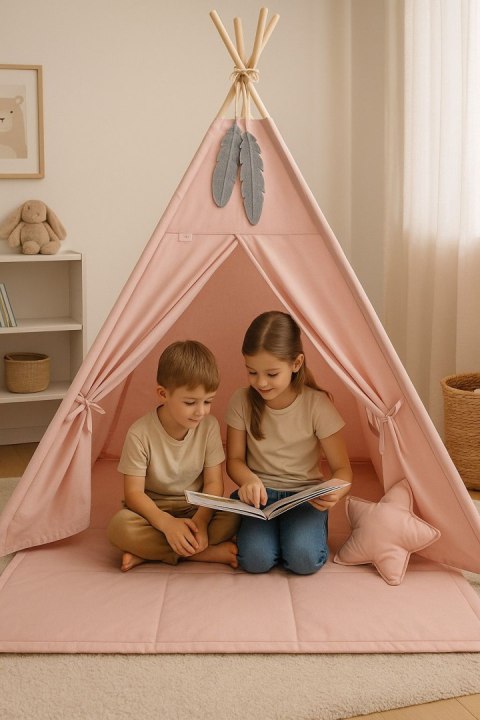Namiot TIPI dla dzieci + mata + poduszki + zawieszki pióra - brudny róż