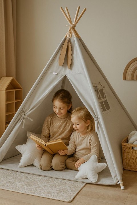 Namiot TIPI dla dzieci +mata + zawieszki pióra - szary