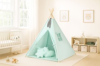 Namiot Tipi dla dzieci + zawieszki pióra - jasna mięta