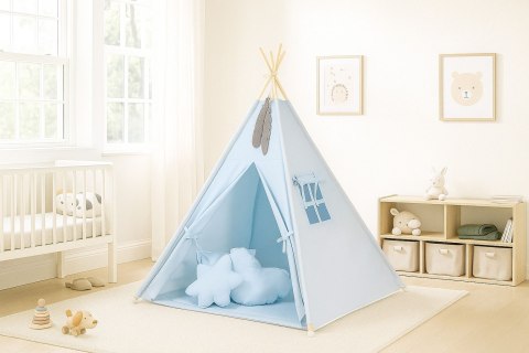 Namiot Tipi dla dzieci + zawieszki pióra - niebieski