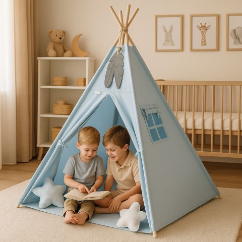 Namiot Tipi dla dzieci + zawieszki pióra - niebieski