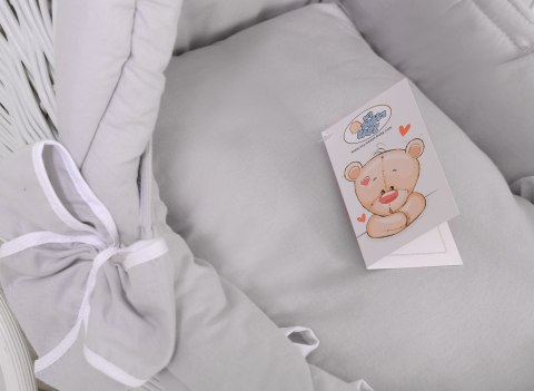 Wiklinowy wózek dla lalek pchacz biały z szarą pościelką i miękką wyściółką CHIARA