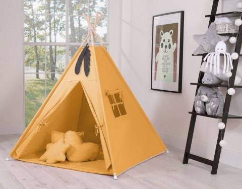 Namiot TIPI dla dzieci + mata + poduszki + zawieszki pióra - musztardowy