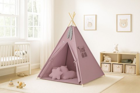 Namiot TIPI dla dzieci + mata + poduszki + zawieszki pióra - róż retro