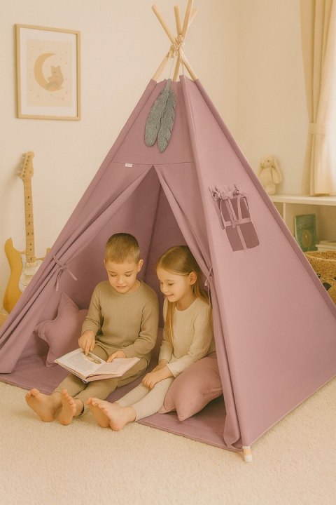 Namiot TIPI dla dzieci + mata + poduszki + zawieszki pióra - róż retro