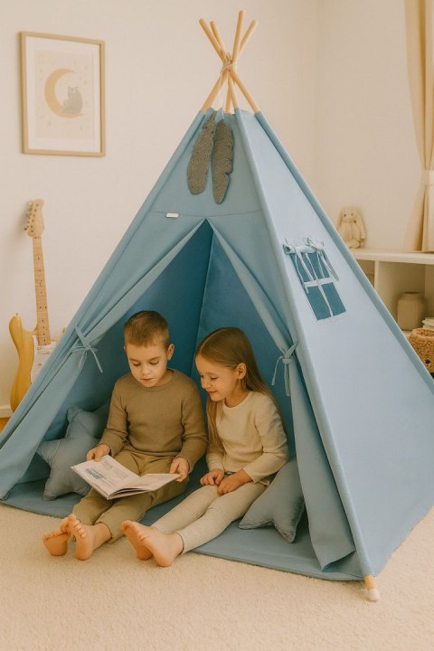 Namiot TIPI dla dzieci +mata + zawieszki pióra - brudny niebieski