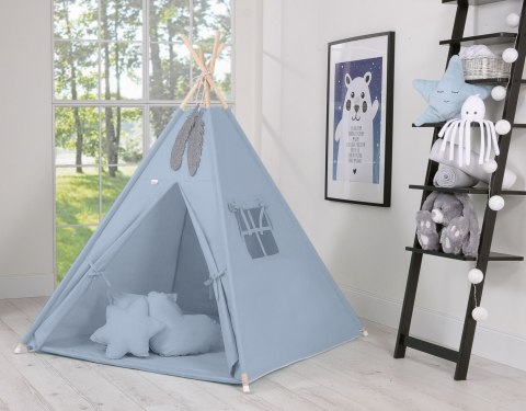 Namiot TIPI dla dzieci +mata + zawieszki pióra - brudny niebieski