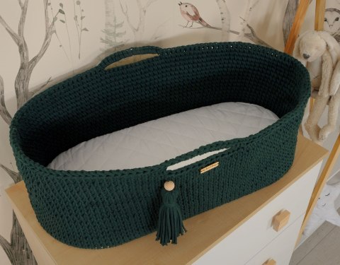 Kosz Mojżesza BOHO bawełniany Handmade z materacykiem - butelkowa zieleń